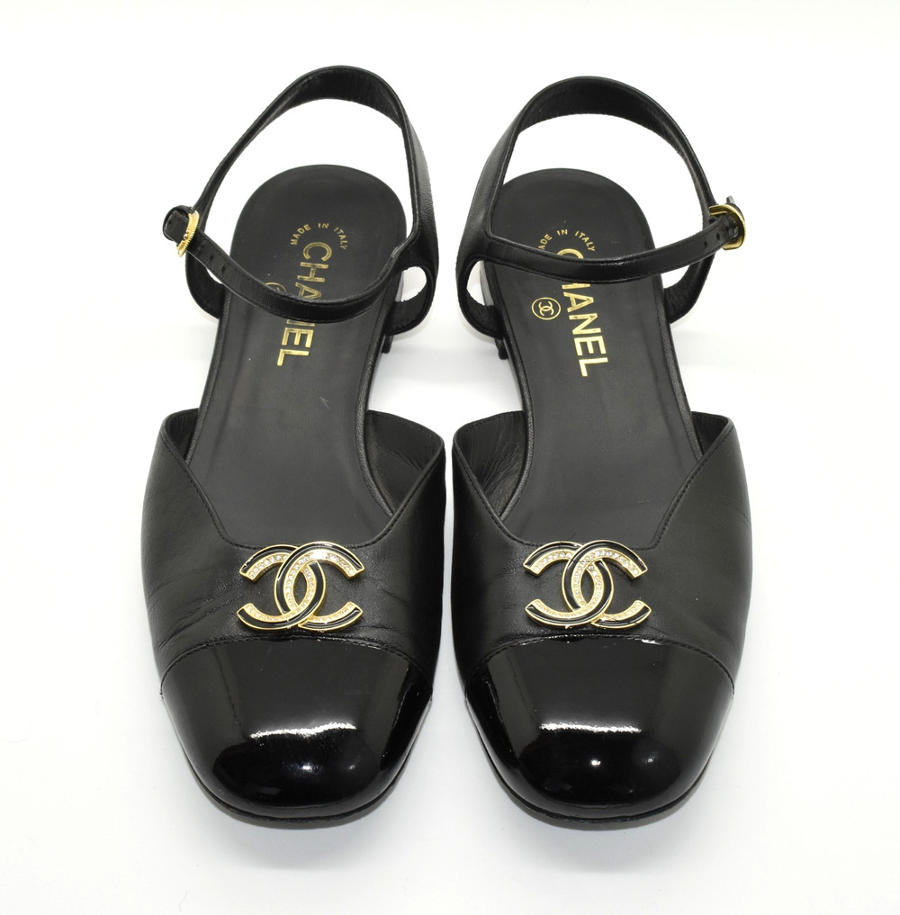 C00 Auth CHANEL Black Lambskin Patent Cap Toe Enamel CC Mary Jane Flats Size 40